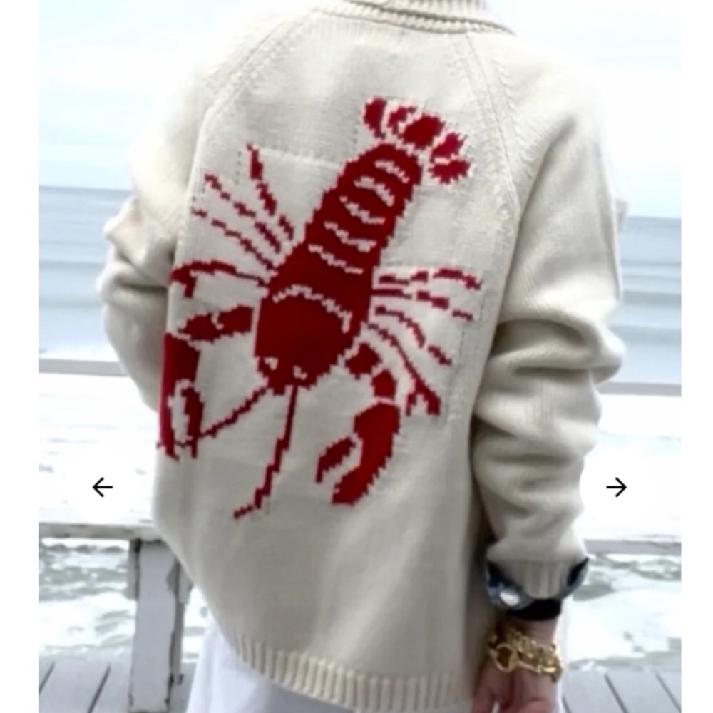Cream Lobster Intarsia Knit Cardigan - Cream/Red